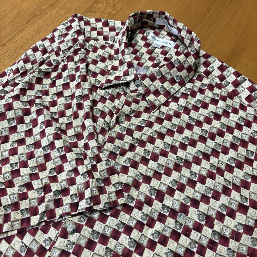 Vintage Pierre Cardin Shirt Mens L Geometric Checkerboard Casino Lounge Y2K